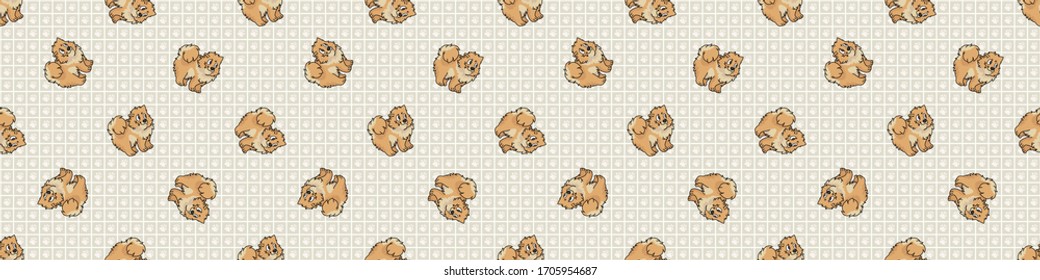 Hand drawn cute pomeranian breed puppy seamless border pattern. Purebred pedigree domestic dog background. Dog lover fluffy spitz pet washi ribbon. Kennel pooch EPS 10. 