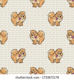 Hand drawn cute pomeranian breed puppy with pink bow seamless vector pattern. Purebred pedigree domestic dog on paw background. Dog lover spitz pet all over print. Kennel pooch. EPS 10. 