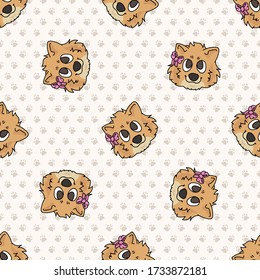 Hand drawn cute pomeranian breed puppy face with pink bow seamless vector pattern. Purebred pedigree domestic dog on paw background. Dog lover spitz pet all over print. Kennel pooch. EPS 10. 