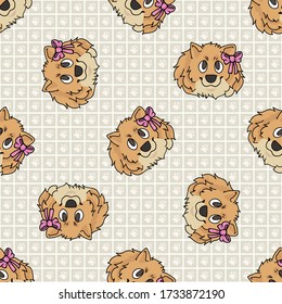 Hand drawn cute pomeranian breed dog face with pink bow seamless vector pattern. Purebred pedigree domestic dog on paw background. Dog lover spitz pet all over print. Kennel pooch. EPS 10. 