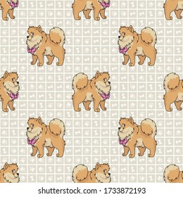 Hand drawn cute pomeranian breed dog with pink bow seamless vector pattern. Purebred pedigree domestic dog on paw background. Dog lover spitz pet all over print. Kennel pooch. EPS 10. 