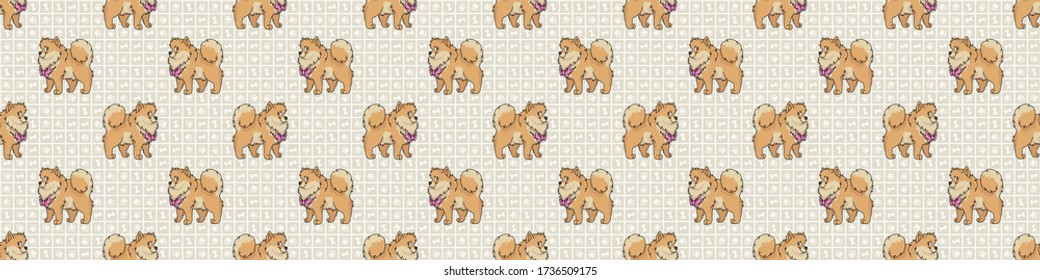 Hand drawn cute pomeranian breed dog with pink bow seamless vector border. Purebred pedigree domestic dog on paw background. Dog lover spitz pet all over print. Kennel pooch. EPS 10. 