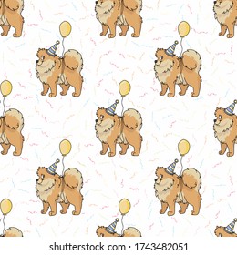 Hand drawn cute pomeranian dog with party hat seamless vector pattern. Purebred pedigree domestic dog celebration background. Dog lover spitz pet all over print. Kennel pooch. EPS 10. 