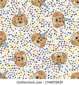 Hand drawn cute pomeranian dog face with party hat seamless vector pattern. Purebred pedigree domestic dog celebration background. Dog lover spitz pet all over print. Kennel pooch. EPS 10. 