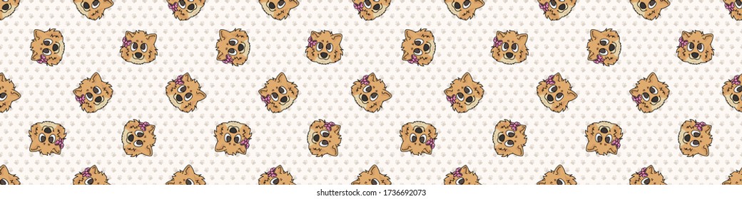 Hand drawn cute pomeranian face with pink bow dog face seamless border pattern. Purebred pedigree domestic dog background. Dog lover fluffy spitz pet washi ribbon. Kennel pooch EPS 10. 