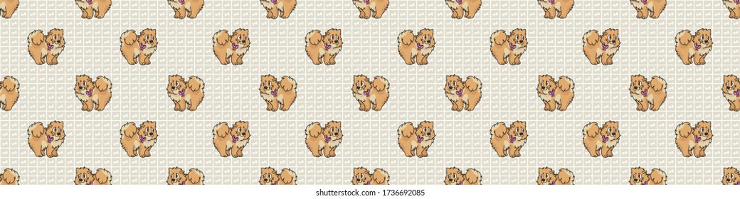 Hand drawn cute pomeranian with pink bow dog face seamless border pattern. Purebred pedigree domestic dog background. Dog lover fluffy spitz pet washi ribbon. Kennel pooch EPS 10. 