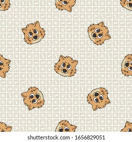 Hand drawn cute pomeranian puppy breed dog face seamless vector pattern. Purebred pedigree domestic dog on paw background. Dog lover spitz pet all over print. Kennel pooch. EPS 10. 