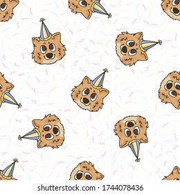 Hand drawn cute pomeranian puppy face with party hat seamless vector pattern. Purebred pedigree domestic dog celebration background. Dog lover spitz pet all over print. Kennel pooch. EPS 10. 