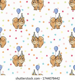 Hand drawn cute pomeranian puppy with party hat seamless vector pattern. Purebred pedigree domestic dog celebration background. Dog lover spitz pet all over print. Kennel pooch. EPS 10. 