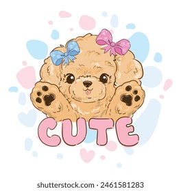 Hand Drawn cute poodle puppy with bows, vector illustration kids print design