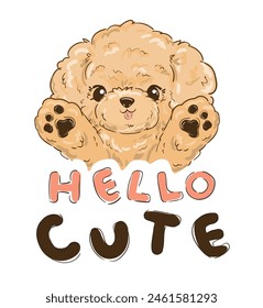 Dibujado a mano lindo perro perrito poodle decir hola, Ilustración vectorial niños diseño de impresión en la camiseta.