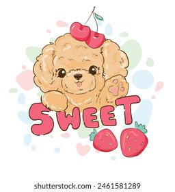 Hand Drawn cute poodle and sweet fruits, vector illustration kids trend print design