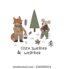 Hand dibujó afiche lindo con zorro y ratón en el bosque de otoño. Ilustración vectorial, estilo de dibujos animados.