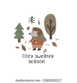 
Hand drawn cute poster with a hedgehog in the autumn forest. Vector illustration, cartoon style.
