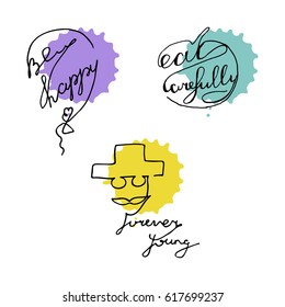 Hand drawn cute poster set with one line lettering and watercolor splashes. Vector illustration.