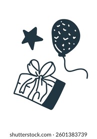 Hand drawn cute present tied with a balloon