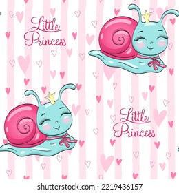 Hand drawn cute princess snail seamless pattern. Vector illustration.