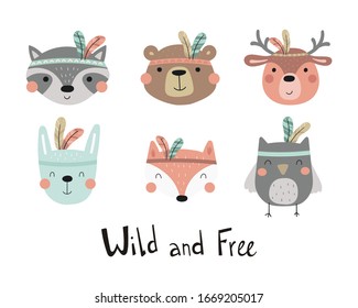 Hand drawn cute print with owl, bear, deer, rabbit, fox, raccoon. Print for Baby. Cute animal in Boho style