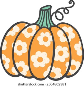 Hand drawn cute pumpkin with minimal flowers background. Vector illustration.