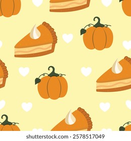 Hand drawn cute pumpkin pie seamless pattern. Suitable for use for wallpaper, backdrop, wrapping paper, fabrics, textile, packaging, etc
