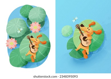 Hand drawn cute puppy playing guitar and laying on a lotus leaf. Serene water pond with dragonfly, floating lotus flowers and leaves.