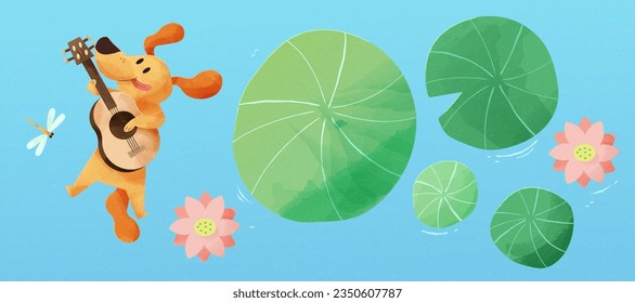 Hand drawn cute puppy strumming a guitar next to dragonfly, lotus flowers and leaves on serene water pond.