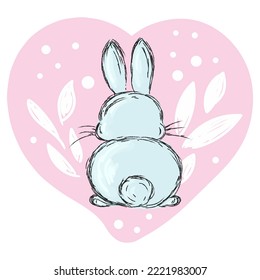 Hand drawn cute rabbit back on pink heart. Bunny Print for t-shirt vector design.