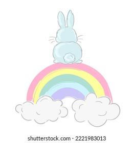 Hand drawn cute rabbit back and rainbow. Bunny Print for t-shirt vector design.