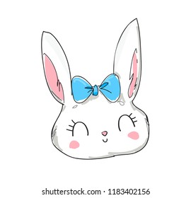 Hand Drawn Cute Rabbit with bow Vector Illustration