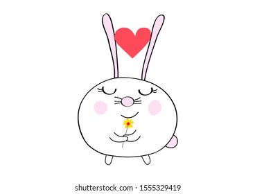 Hand drawn of cute  rabbit cartoon with red heart,  Kawaii animal  design for card and print  vector eps.10
