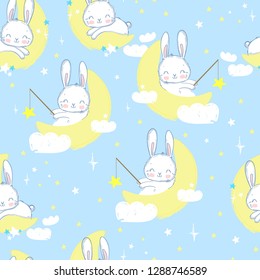 Hand drawn cute Rabbit catch the stars  pattern seamless. Children's design for fabric. Vector illustration