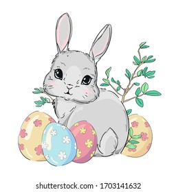 Hand drawn cute rabbit for easter with eggs and green leaves. Vector illustration.