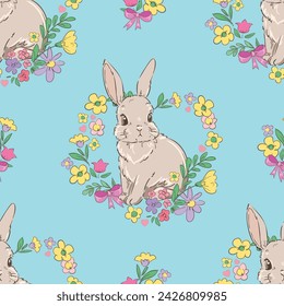 Hand Drawn Cute Rabbit and Flower blue background vector seamless, Little Bunny pattern Kids print.