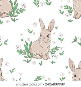 Hand Drawn Cute Rabbit and Flower background vector seamless, Little Bunny pattern Kids print.