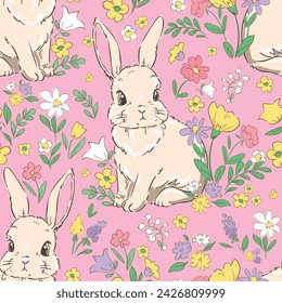 Hand Drawn Cute Rabbit and Flower pink background vector seamless, Little Bunny pattern Kids print.
