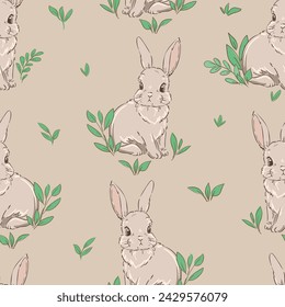 Hand Drawn Cute Rabbit and Flower background vector seamless, Little Bunny pattern Kids print.