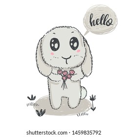 Hand drawn cute rabbit with flowers and word hello. Doodle cartoon style. Vector illustration for cards, textile, paper, invitations, baby shower, preschool and children room decoration
