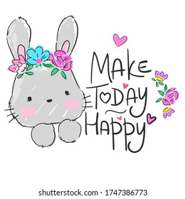 Hand drawn cute rabbit with flowers isolated on white background. Sketch rabbit childish illustration. Vector