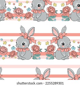 Hand drawn cute rabbit and flowers seamless pattern illustration background bunny trend summer textile print kid