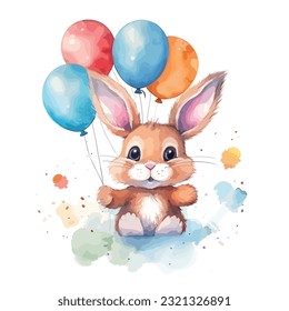 Hand drawn Cute rabbit flying with colorful air baloons on white background. Watercolor hand drawn illustrations in cartoon style, isolated on white background, vector
