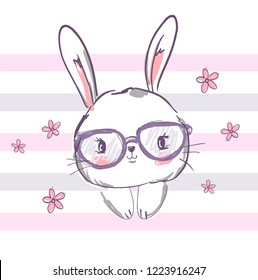 Hand Drawn Cute rabbit with glasses
Vector Illustration, Children's Print Design for T-Shirt, Childish theme textile. 