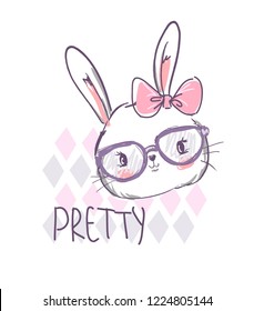 Hand Drawn Cute rabbit with glasses Vector Illustration, Children's Print Design for T-Shirt.