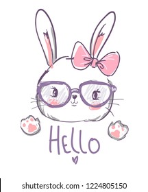 Hand Drawn Cute rabbit with glasses Vector Illustration, Children's Print Design for T-Shirt.