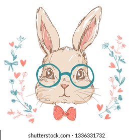 Hand Drawn Cute rabbit with glasses Illustration, Children's Print Design for T-Shirt, Childish theme textile. 