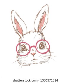 Hand drawn cute rabbit with glasses isolated on white background. Sketch rabbit childish illustration.