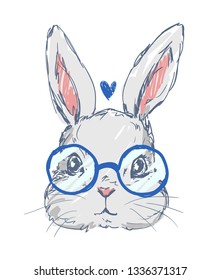 Hand drawn cute rabbit with glasses isolated on white background. Sketch rabbit childish illustration.