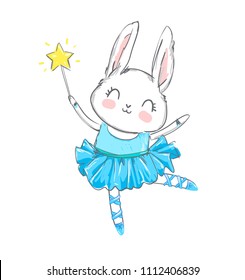 Hand Drawn cute rabbit, hare ballerina print for children's t-shirt