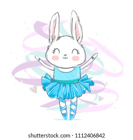 Hand Drawn cute rabbit, hare ballerina print for children's t-shirt