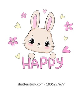 Hand drawn cute rabbit and heart with flowers and handwritten phrase happy isolated on white background vector illustration beautiful childish print 