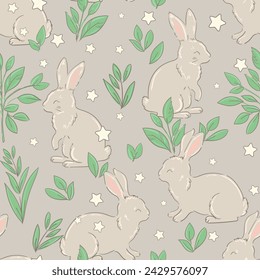 Hand Drawn Cute Rabbit and Leaves and Stars background vector seamless, Little Bunny pattern Kids print.